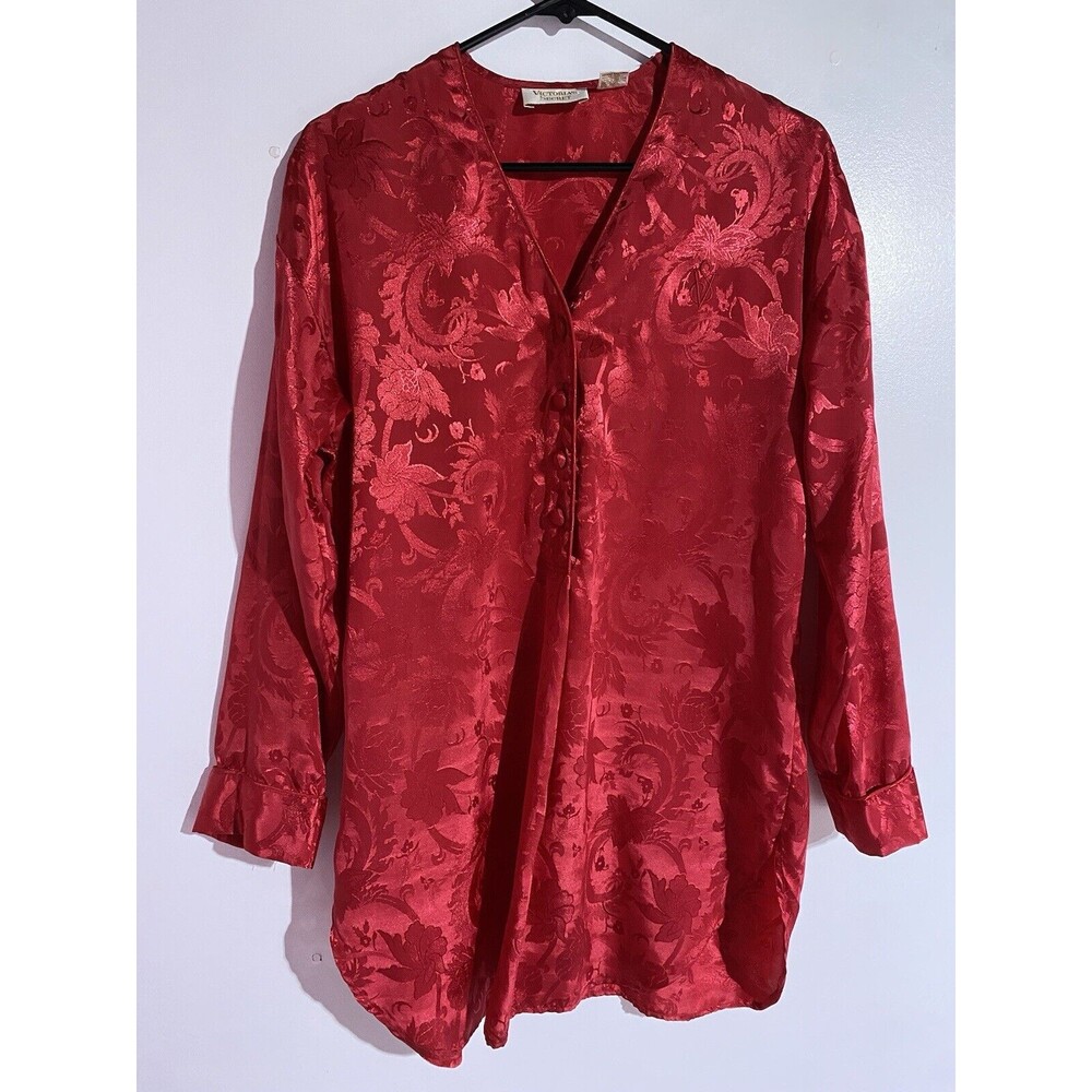 Vtg‎ Victorias Secret Pajama Shirt S Gold Label Red Satin Floral Sexy Romantic